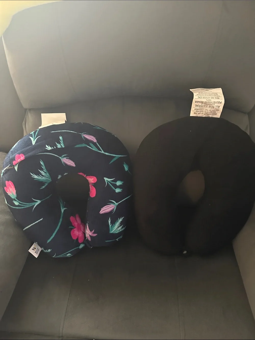 Pair of U-Shaped Neck Travel Pillows - Floral Navy & Solid Black